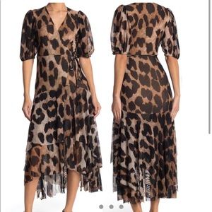 Ganni leopard print mesh wrap midi dress